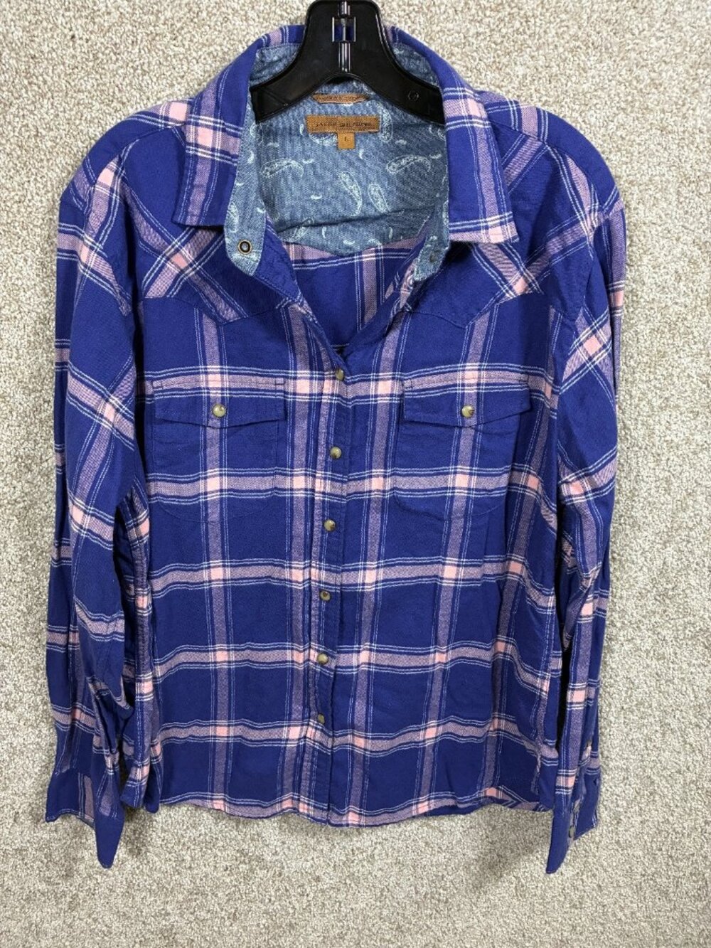 Jach's Girlfriend Womens L Plaid Button Up Shirt Blue Pink Stretch Western